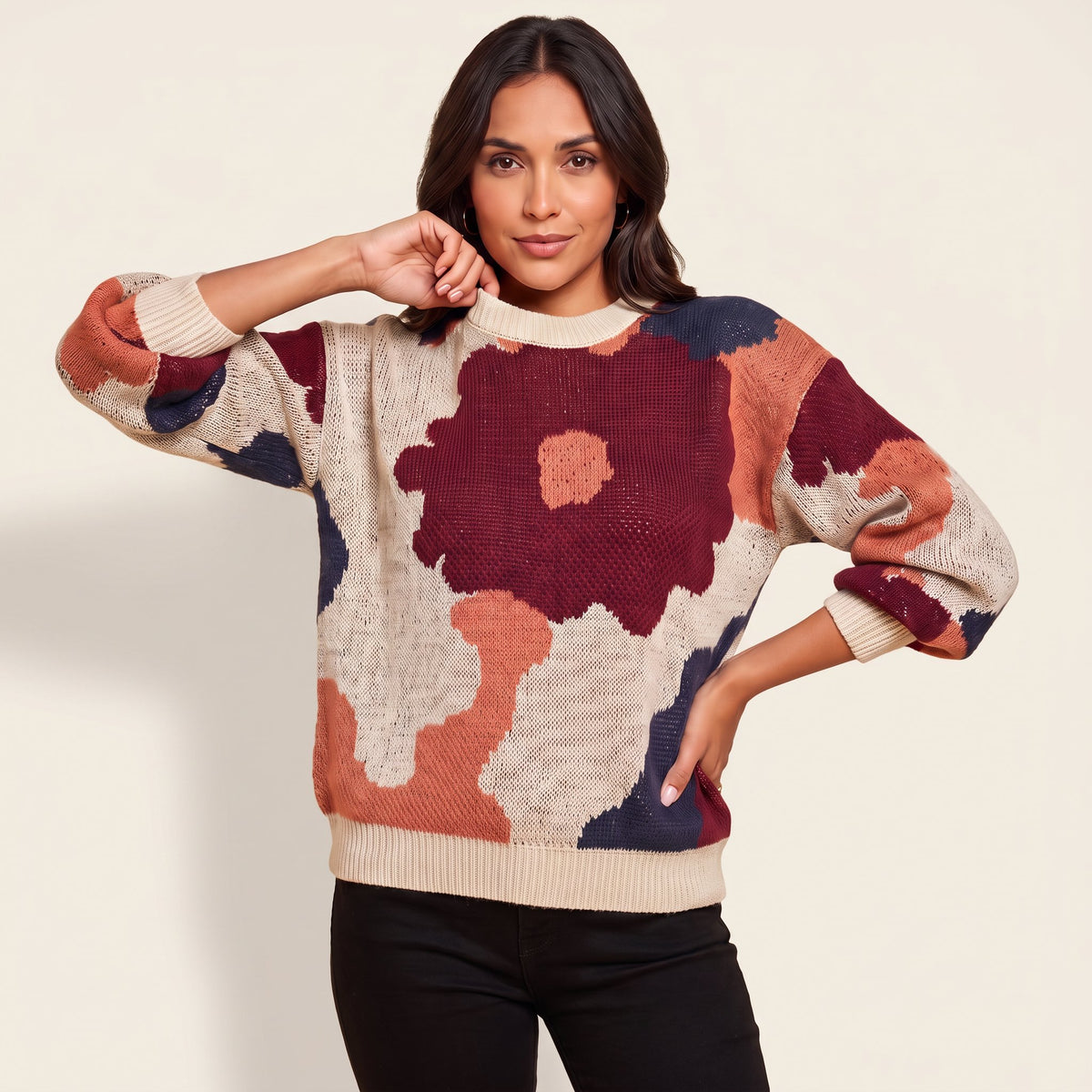 Women's Abstract Colour Block Knit Sweater | Oversized Casual Autumn Winter Jumper