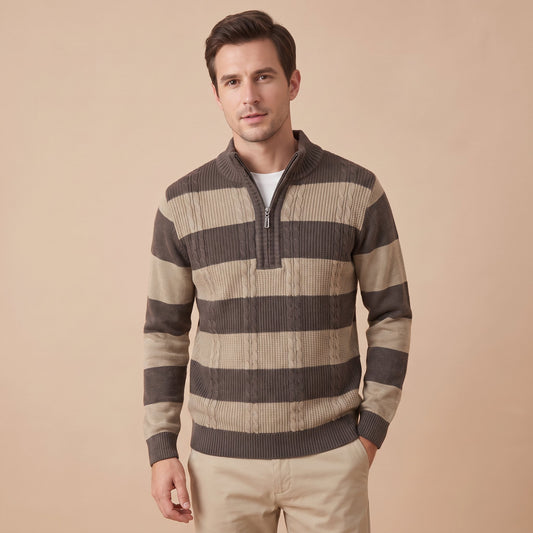 Men's Classic Striped Cable Knit Sweater | Quarter Zip Warm Winter Knitwear