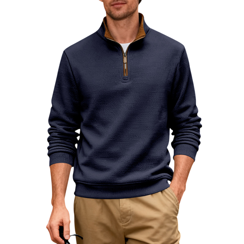 Men's Thermal Knit Polo Sweater | Quarter Zip Stand Collar Long Sleeve Jumper