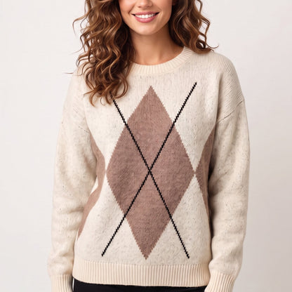 Women's Argyle Knit Sweater | Beige Diamond Pattern Crew Neck Jumper