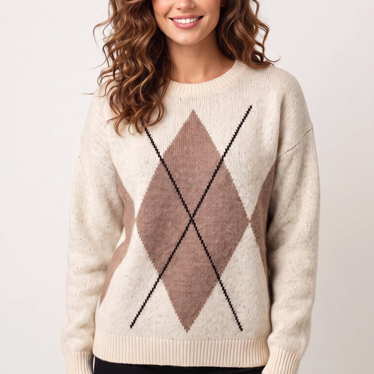 Women's Argyle Knit Sweater | Beige Diamond Pattern Crew Neck Jumper