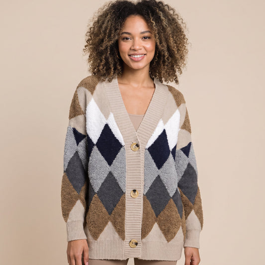 Women's Oversized Argyle Knit Cardigan | Diamond Pattern Sweater