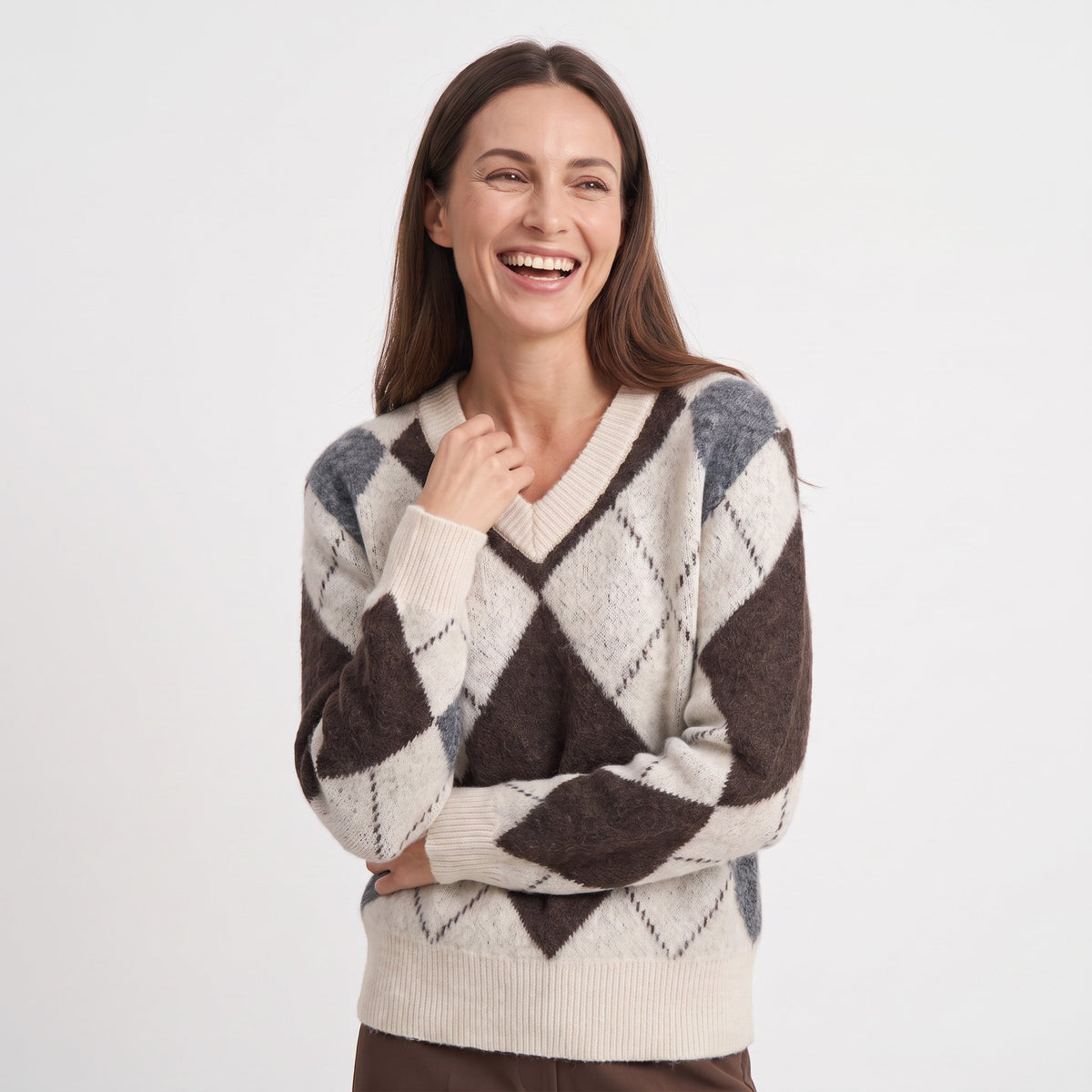 Women's Argyle Knit Sweater | Diamond Pattern V‑Neck Jumper