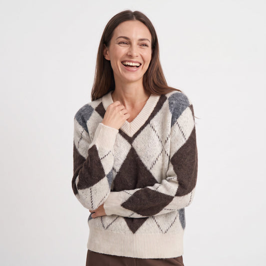 Women's Argyle Knit Sweater | Diamond Pattern V‑Neck Jumper