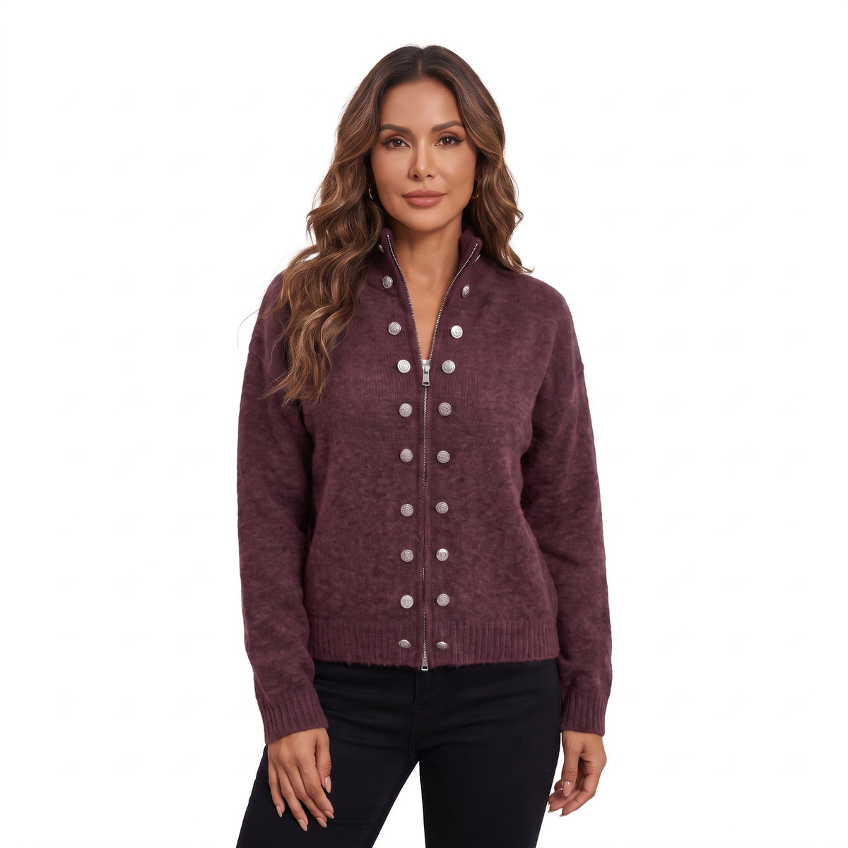 Women's Military Style High Stand Collar Knit Cardigan | Zip Front Button Detail Sweater