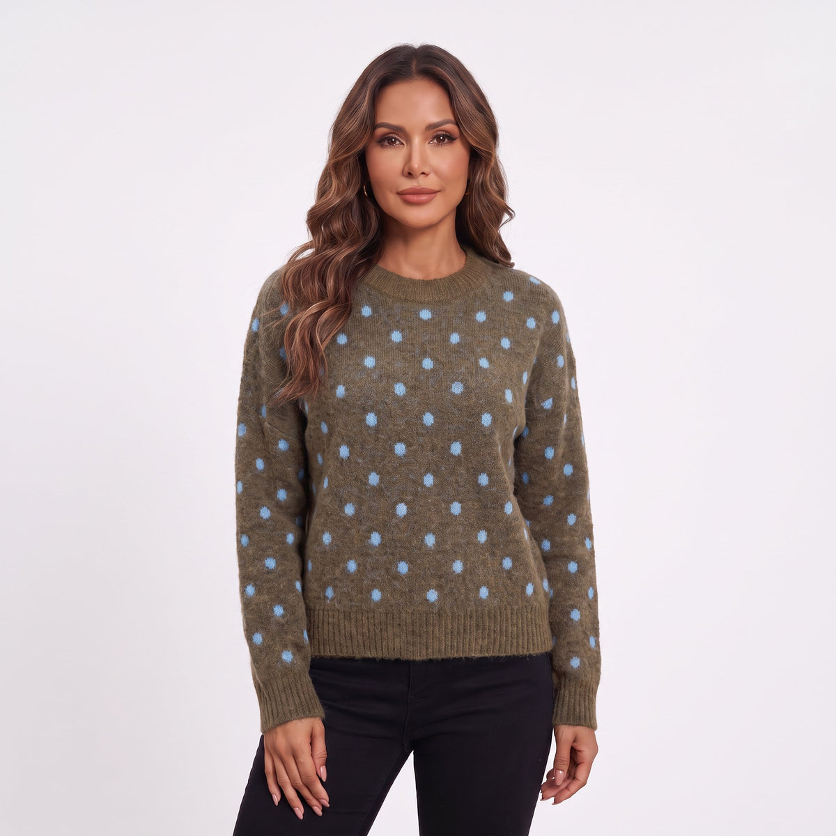 Women's Polka Dot Knit Sweater | Crew Neck Cozy Jumper