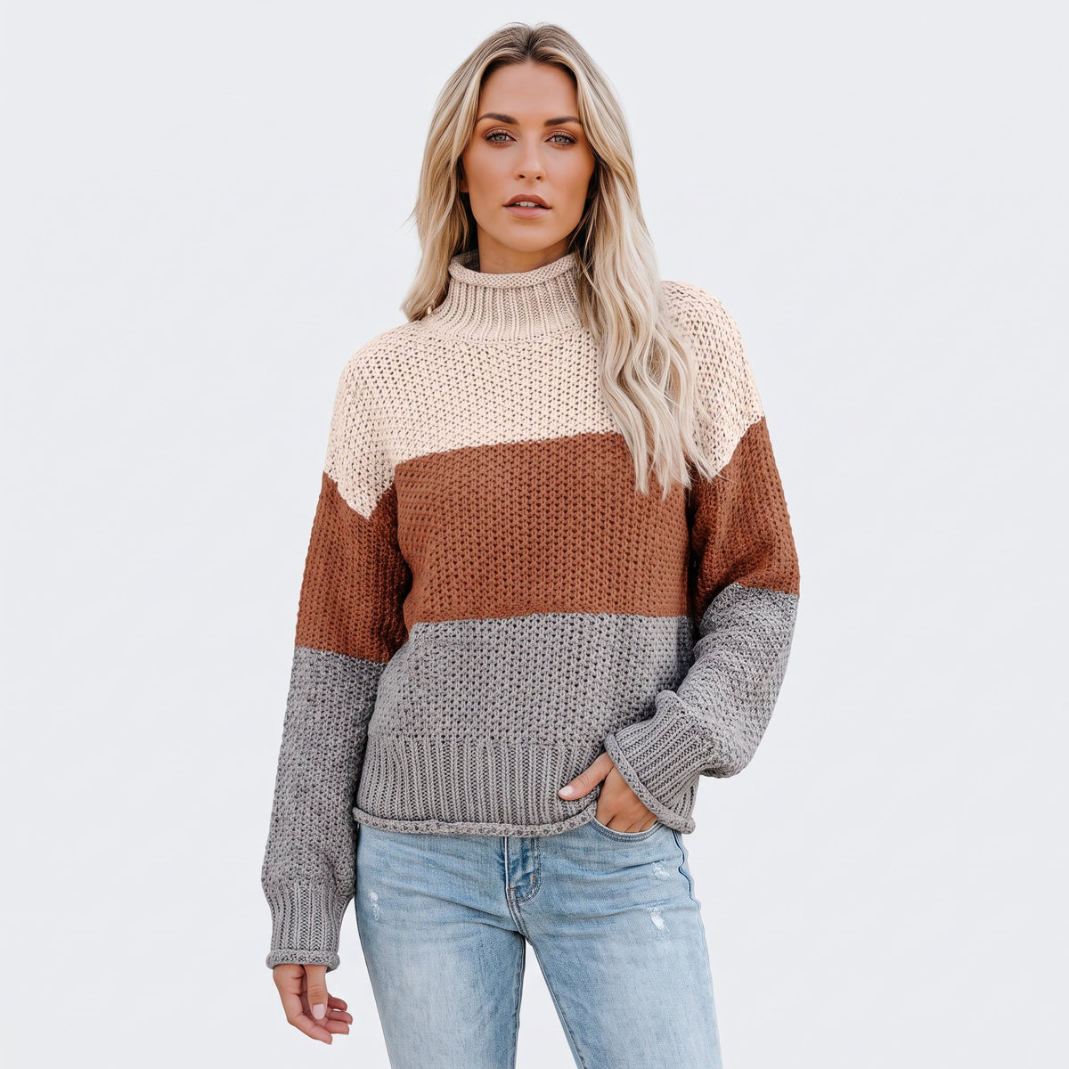 Women's Colour Block Turtleneck Sweater | Chunky Knit Jumper