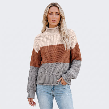 Women's Colour Block Turtleneck Sweater | Chunky Knit Jumper