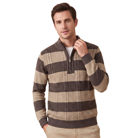 Men's Classic Striped Cable Knit Sweater | Quarter Zip Warm Winter Knitwear
