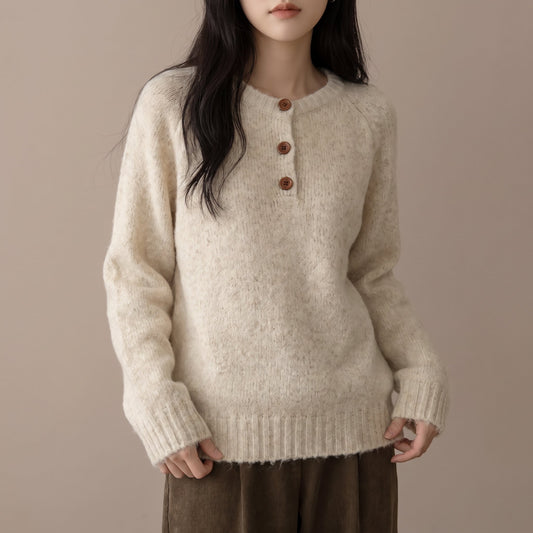 Women's Button Detail Knit Sweater | Soft Crew Neck Jumper