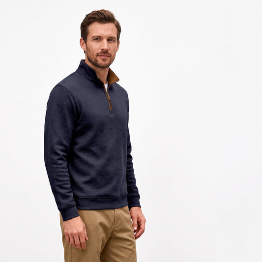 Men's Thermal Knit Polo Sweater | Quarter Zip Stand Collar Long Sleeve Jumper
