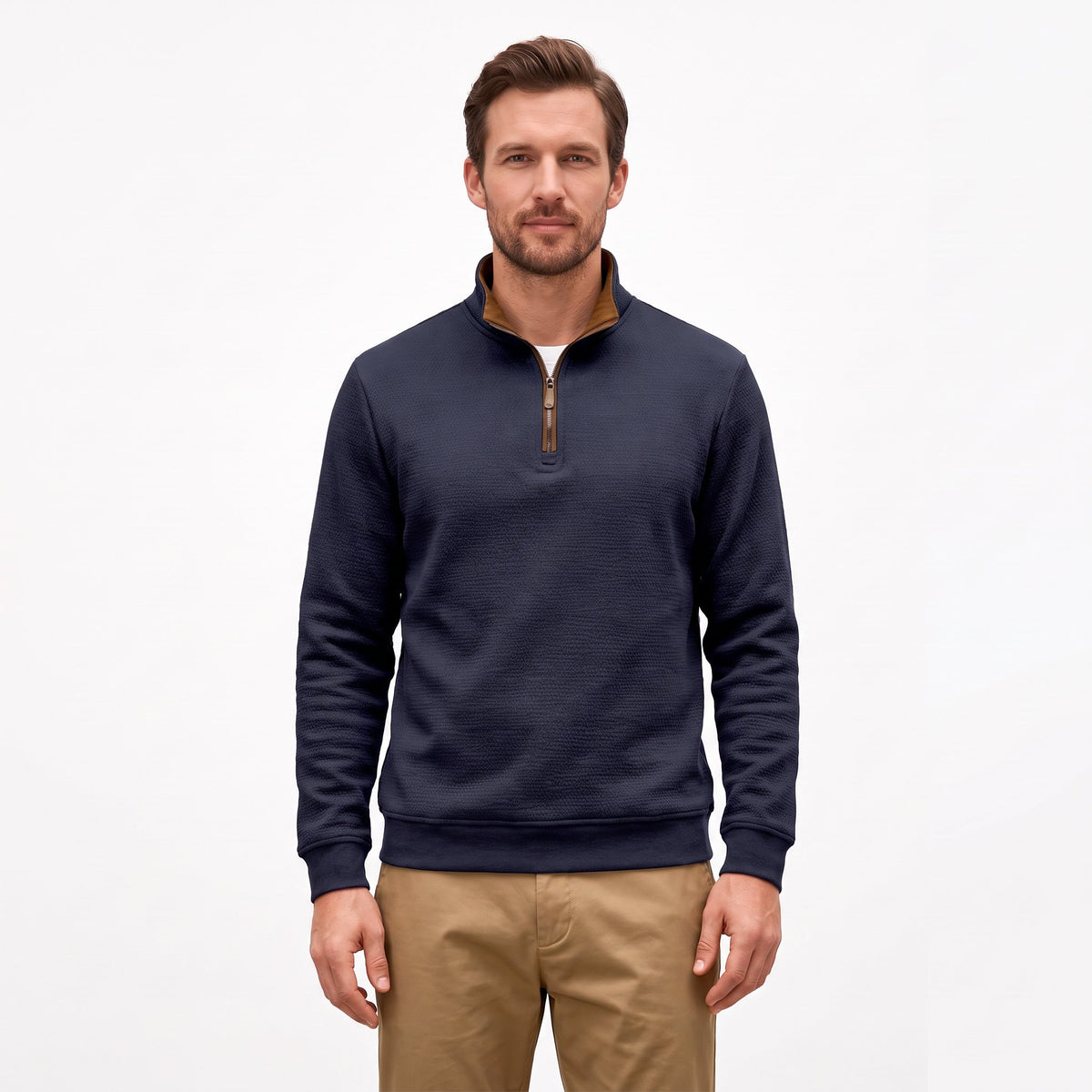 Men's Thermal Knit Polo Sweater | Quarter Zip Stand Collar Long Sleeve Jumper