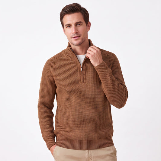 Men's Chunky Ribbed Half Zip Sweater | Mock Neck Knit Jumper
