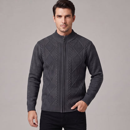 Men's Cable Knit Zip Cardigan | Mock Neck Textured Sweater Jacket