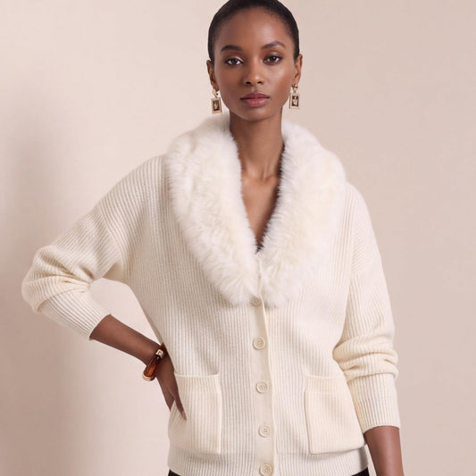 Women's Faux Fur Collar Cardigan | Luxury Knit Button Front Sweater