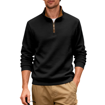 Men's Thermal Knit Polo Sweater | Quarter Zip Stand Collar Long Sleeve Jumper